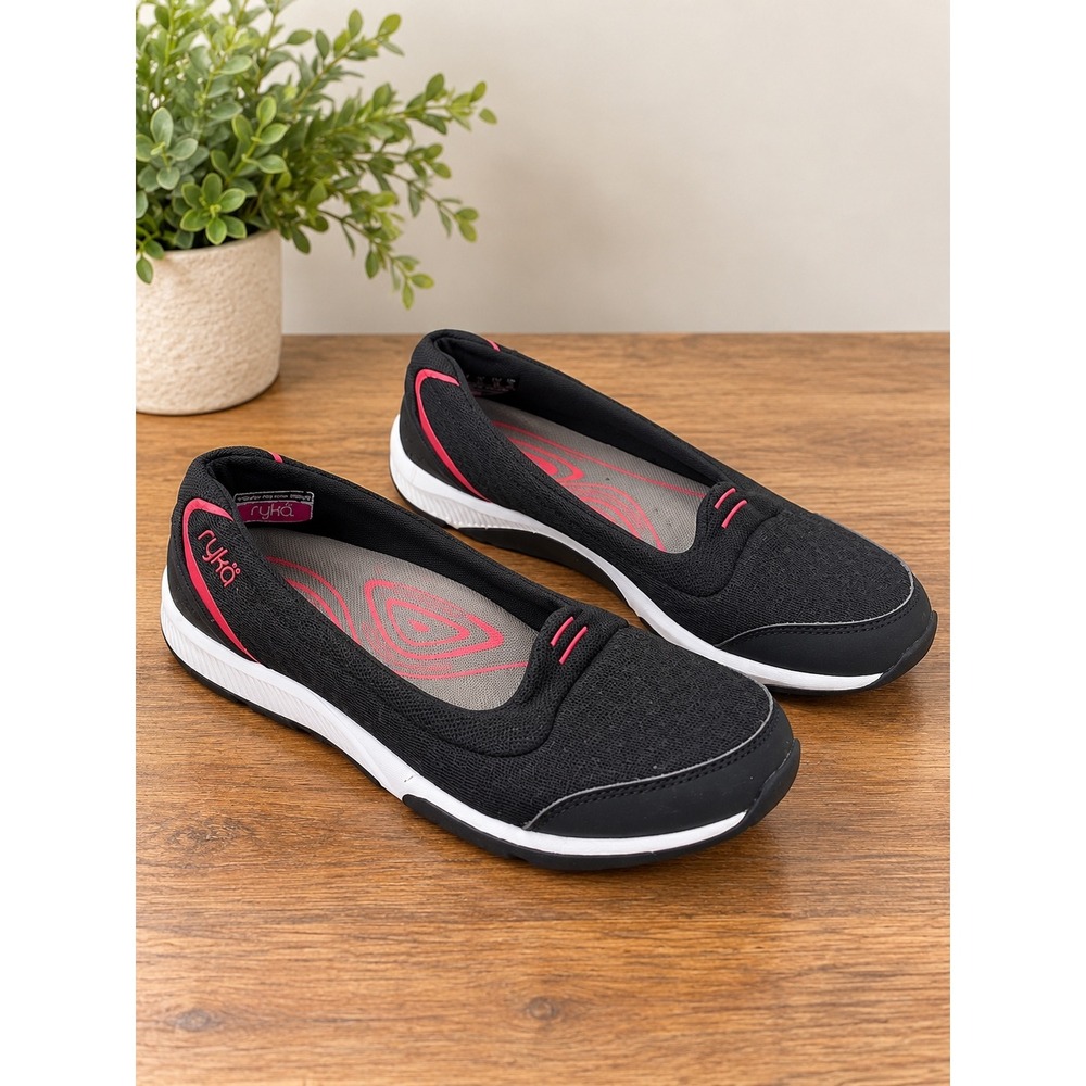 Ryka Womens Black Pink Mesh Slip On Walking Shoes Flats Size 8M